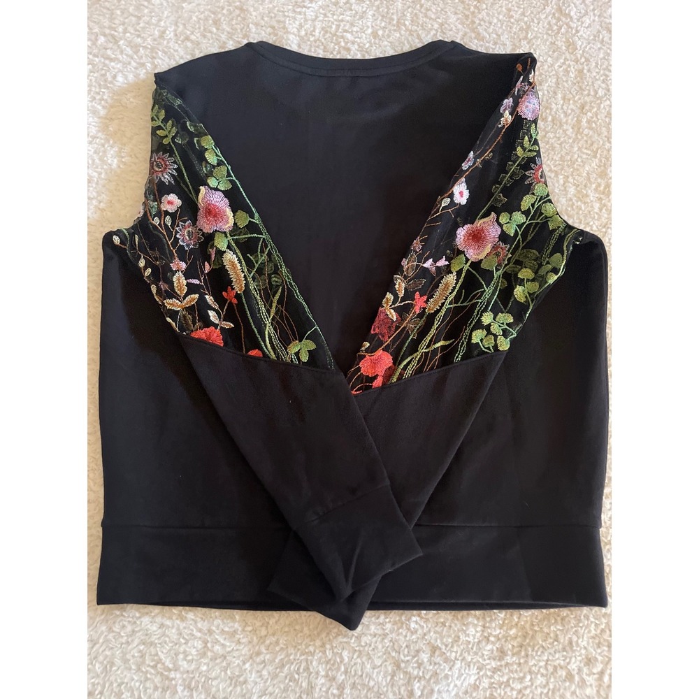 G by Giuliana Black Sweatshirt Embroidered Boho Sheer Floral Sleeve Top Small